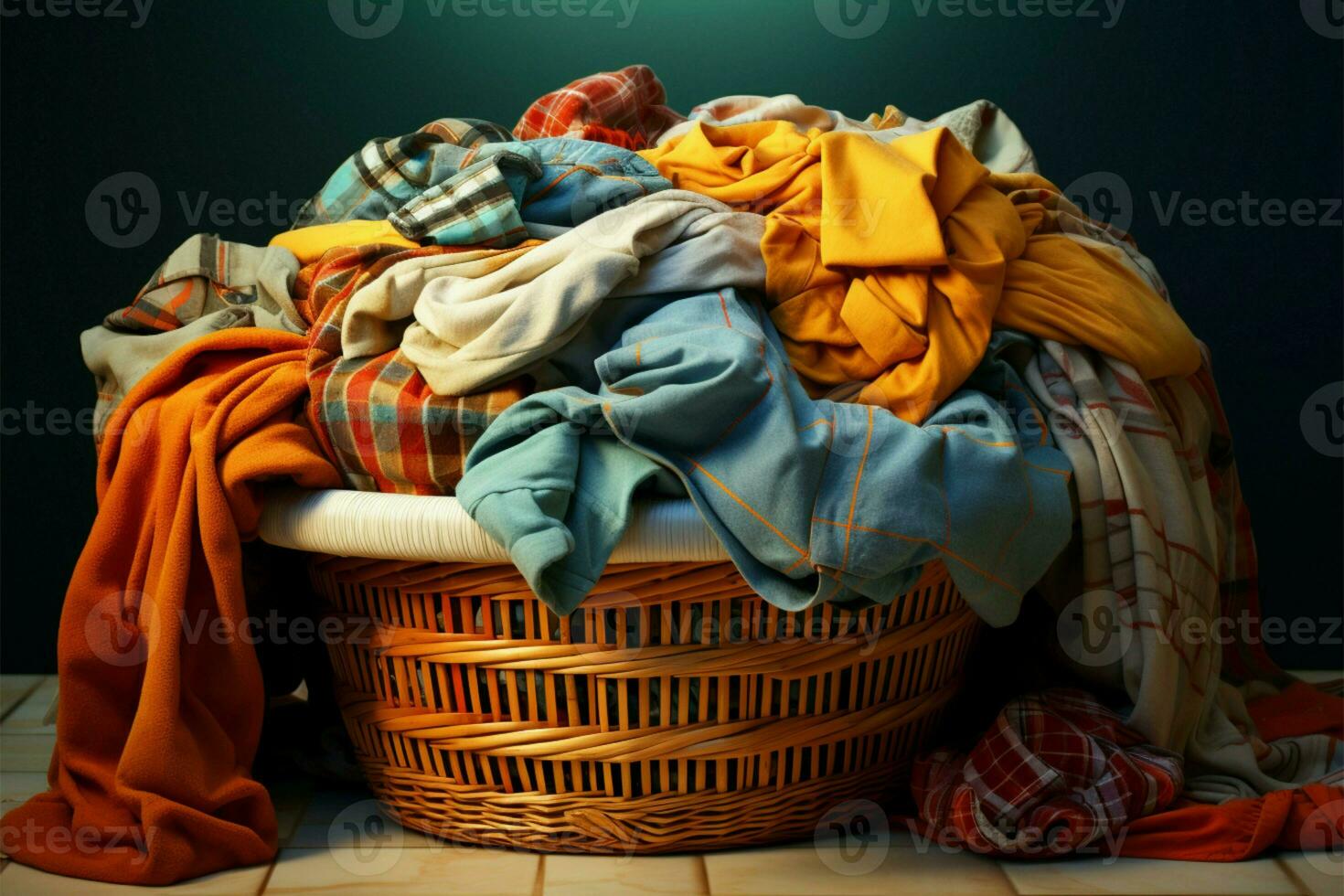 ai generato traboccante cestino padroni di casa un' scompiglio di sporco indumenti nel bisogno di detergente foto