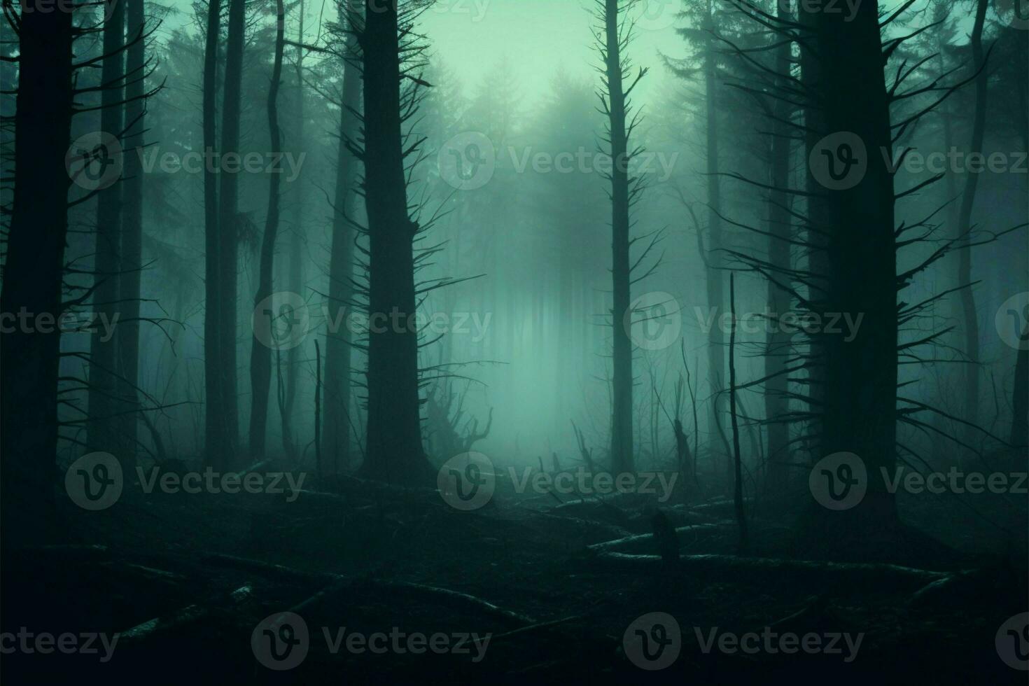 ai generato spaventoso fascino nebbioso foresta sfondo evocando un' inquietante atmosfera, 3d foto