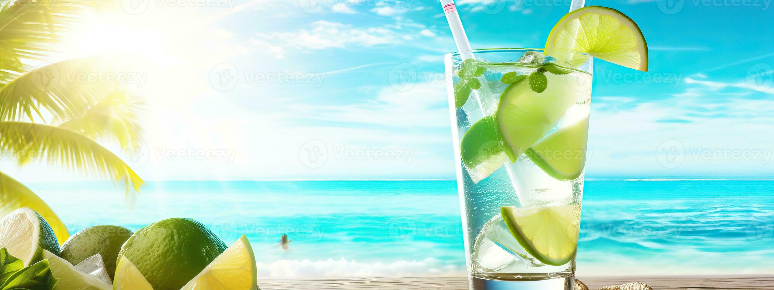 ai generato lungo bevanda Mojito cocktail, estate tropicale soleggiato spiaggia bevanda bar foto