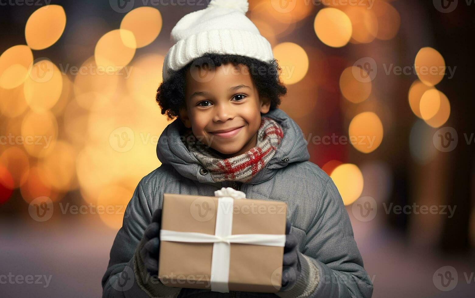 ai generato carino nero ragazzo con presente al di fuori nel il Natale strada foto