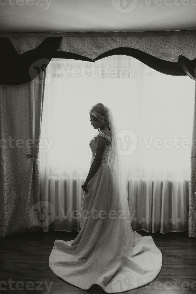 ritratto. un' bionda sposa nel un' nozze vestito con un' lungo treno e un' elegante velo è in piedi e in posa. bellissima trucco e capelli. voluminoso velo. nozze foto. bellissimo sposa. nero e bianca foto