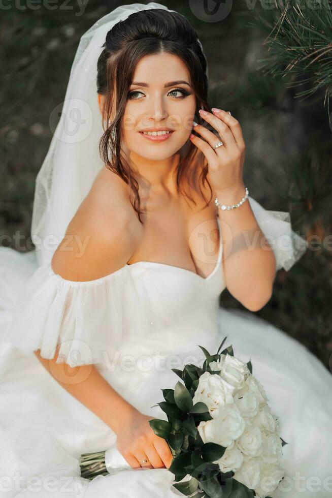 ritratto di il sposa nel natura. un' brunetta sposa nel un' bianca voluminoso vestito è seduta, in posa vicino un' conifero albero, Tenere un' mazzo di bianca Rose. bellissimo capelli e trucco. caldo leggero foto