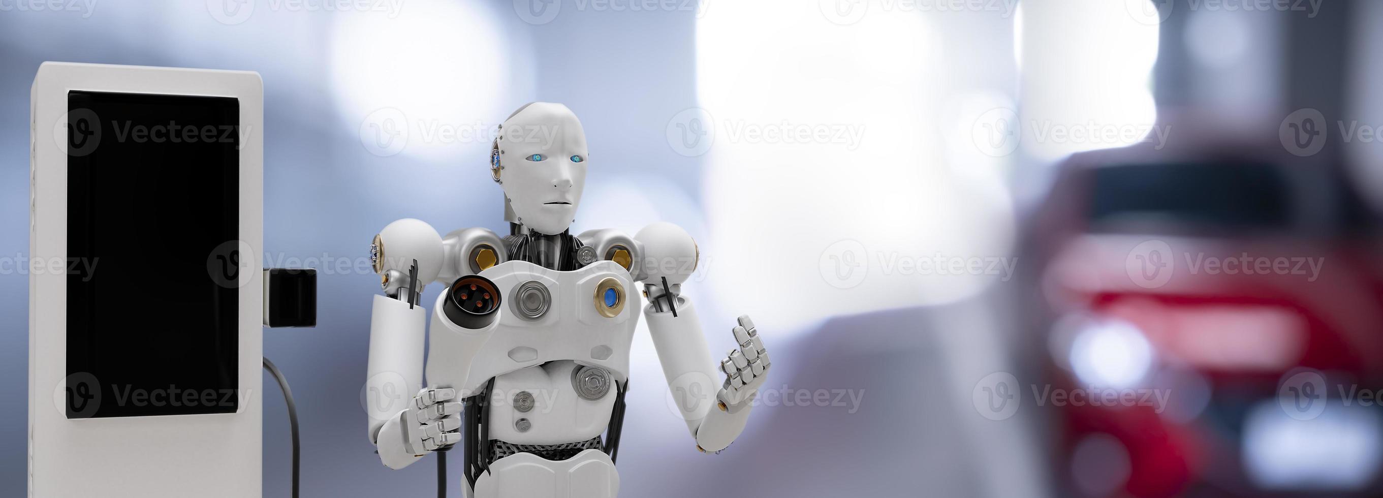 robot cyber futuro futuristico umanoide hi tech industria garage ev-car caricatore ricarica rifornimento stazione elettrica veicolo trasporto trasporto futuro auto clienti per il trasporto automobilistico automobile foto