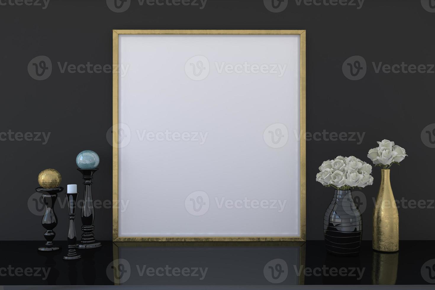 mockup di cornice dorata vuota con vasi di fiori foto