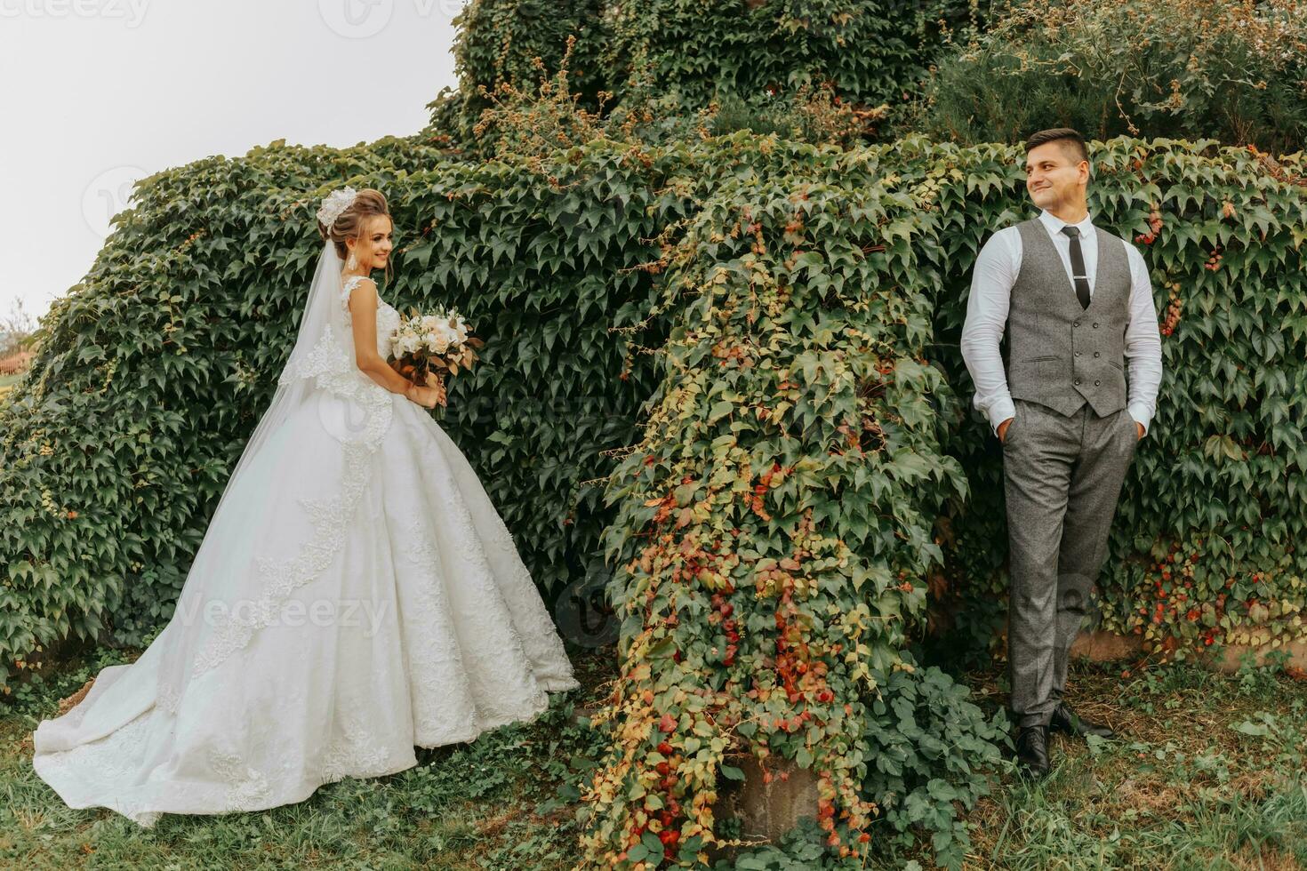 sposa e sposo nel il giardino tra verde. reale nozze concetto. elegante della sposa vestito con un' lungo treno. tenerezza e calma. ritratto fotografia foto