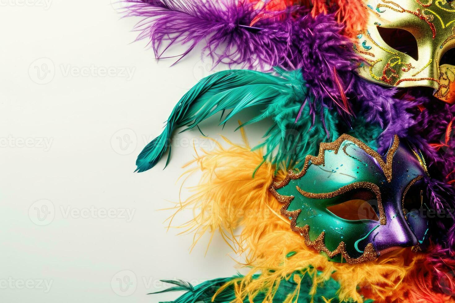 ai generato mardi gras carnevale colorato piume e maschere nel un' festivo celebrazione culturale stravaganza, ornato la creazione di un' gioioso, festivo tradizionale portare vita per un' celebrazione, bianca sfondo foto