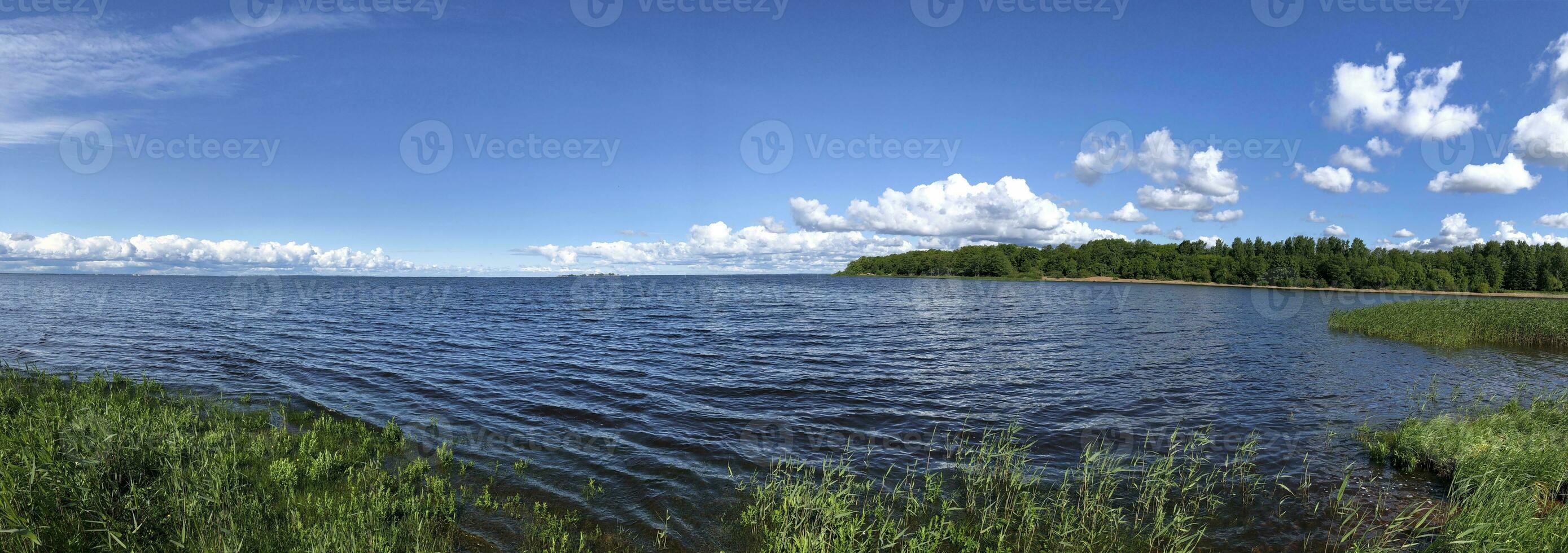 panorama di il lago, bellissimo estate paesaggio, verde costa, blu cielo, blu acqua, bianca nuvole, soleggiato giorno foto