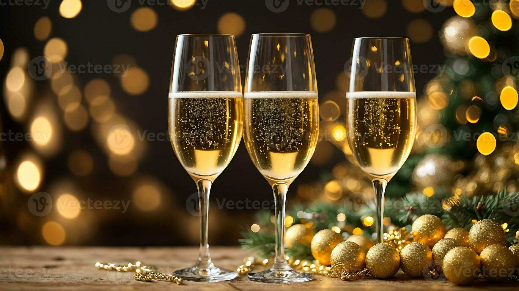 ai generato Due bicchieri di Champagne oro luccichio sfondo. nuovo anno vigilia, Natale festa bandiera modello con copia spazio per testo foto