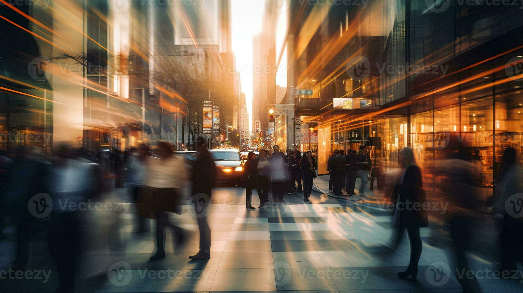 ai generato sfocato astratto foto di molti persone a piedi su il marciapiede di un' occupato centro strada, urbano stile di vita