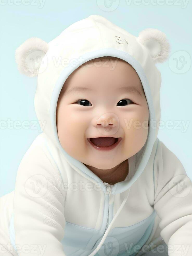 ai generato ritratto di carino inclinato con gli occhi giapponese bambino ragazzo modello, con sorridente e ridendo espressione, 2 mese vecchio bambino, studio foto, isolato bianca sfondo, per pubblicità e ragnatela design foto