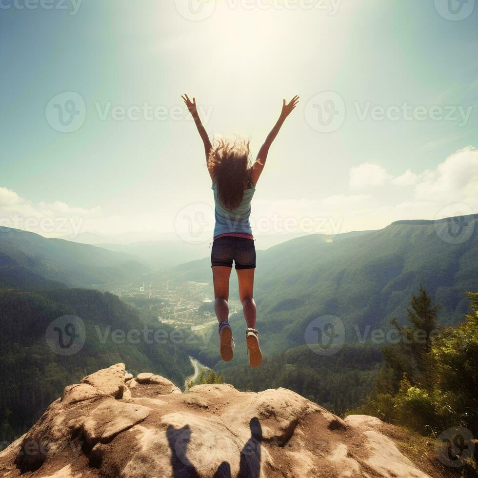 ai generato contento giovane donna con braccia sollevato salto su montagna picco, riuscito scalatore festeggiare successo su montagna picco, escursioni a piedi stile di vita concetto su foresta pista foto