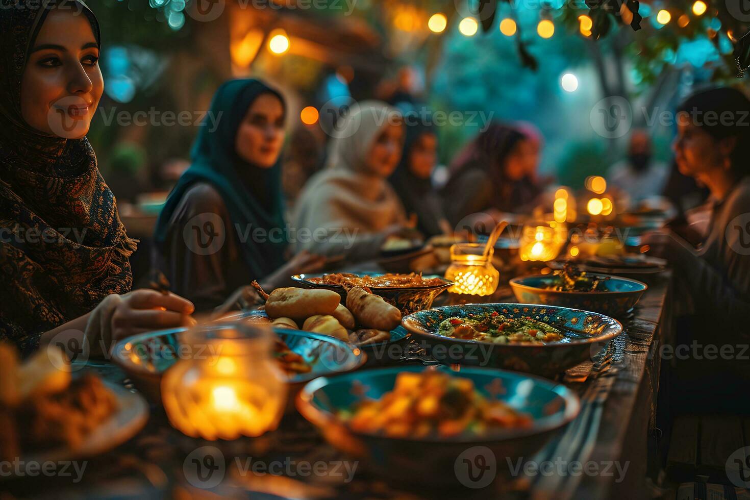 ai generato arabo musulmano donne raccogliere insieme durante Ramadan con delizioso piatti su il tavolo. iftar cena. generativo ai foto