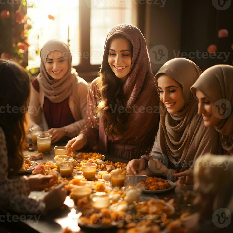 ai generato musulmano famiglia e amici raccolta durante Ramadan con delizioso piatti su il tavolo. iftar cena. generativo ai foto