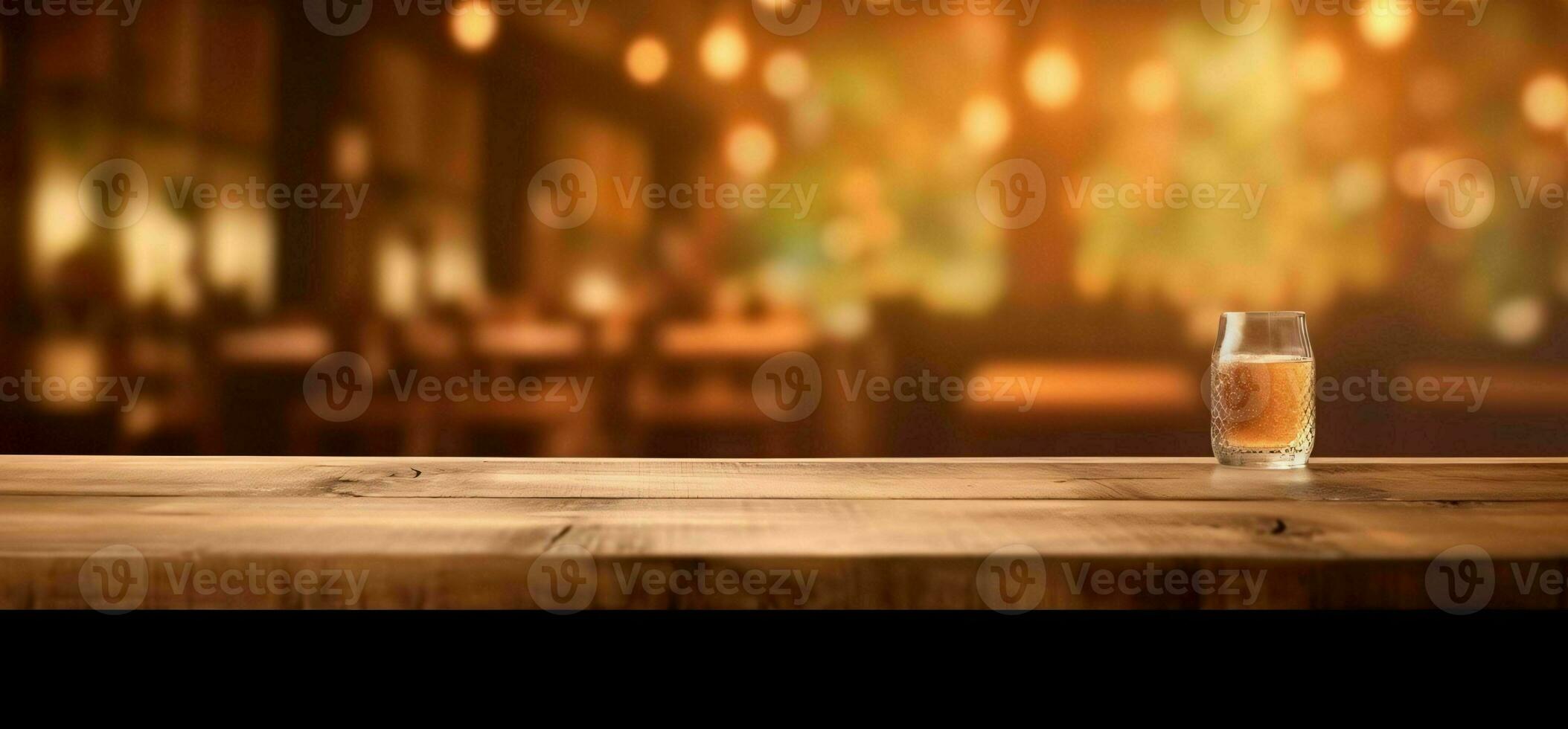 ai generato vuoto di legno tavolo con bokeh bar sfondo e d'oro luci. generativo ai foto