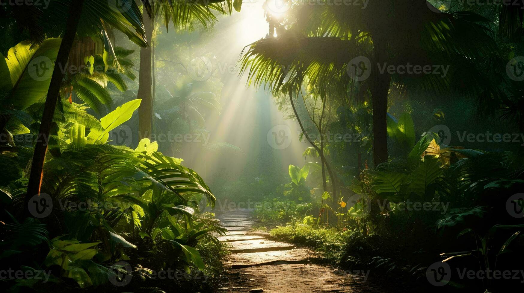 ai generato un' luminosa mattina nel un' tropicale foresta con luce del sole splendente attraverso fra il foglie, impianti quello prosperare senza aria inquinamento foto