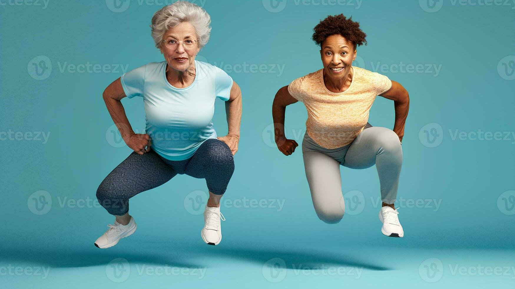 ai generato ritratto di Due anziano donne con salutare corpi, esercizio, isolato pianura blu sfondo foto