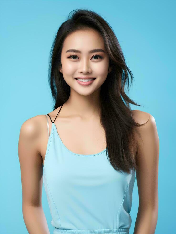 ai generato ritratto di bellissimo asiatico donna su isolato leggero blu sfondo, indossare serbatoio superiore, bellezza modello foto