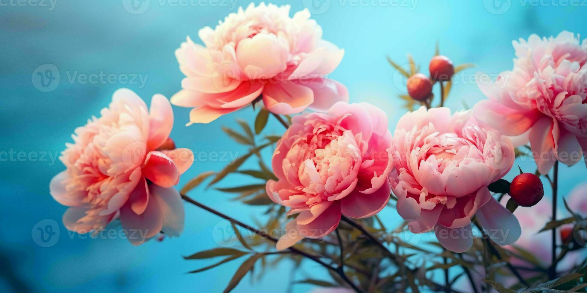 ai generato vicino su di rosa peonie fiori con blu cielo Visualizza. generativo ai foto