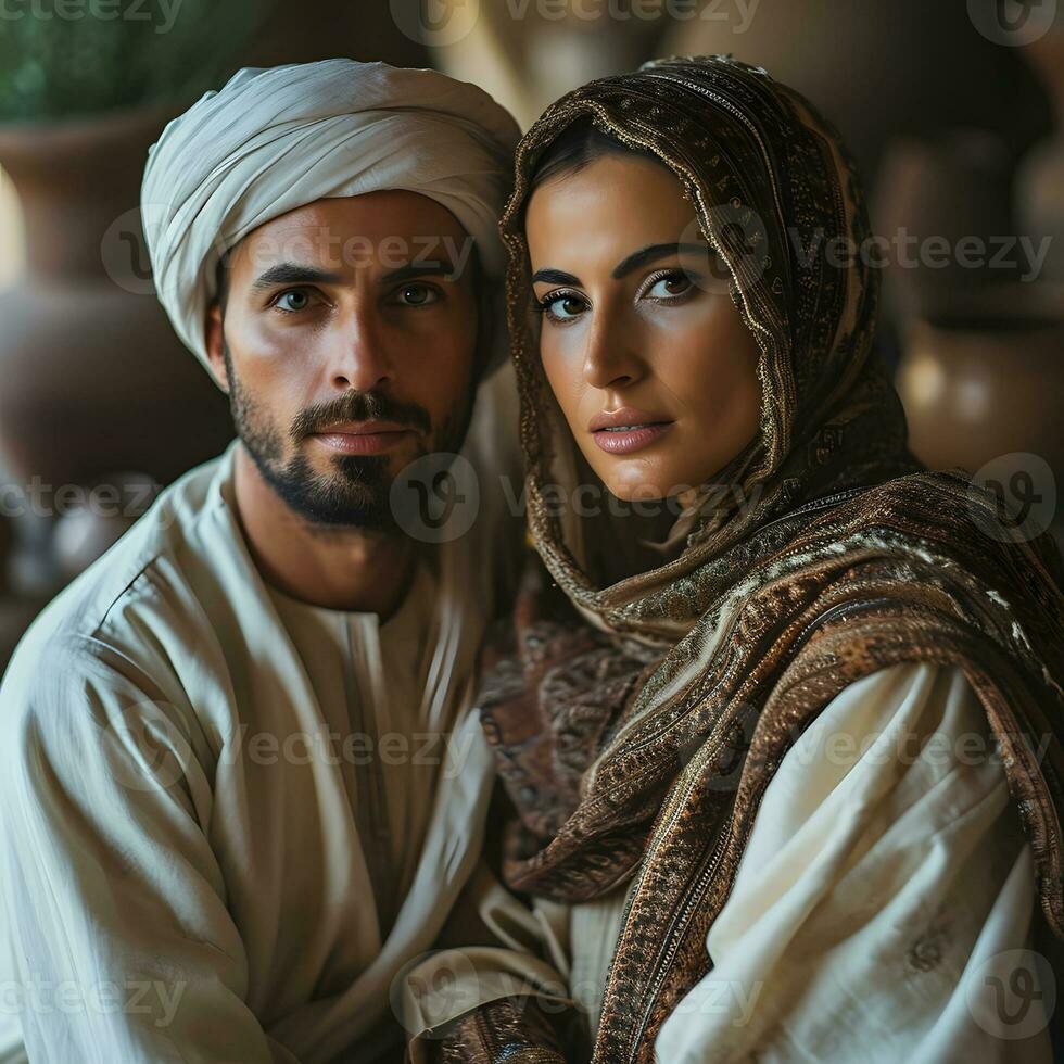 ai generato ritratto di un' mezzo orientale musulmano coppia nel tradizionale vestire. generativo ai foto