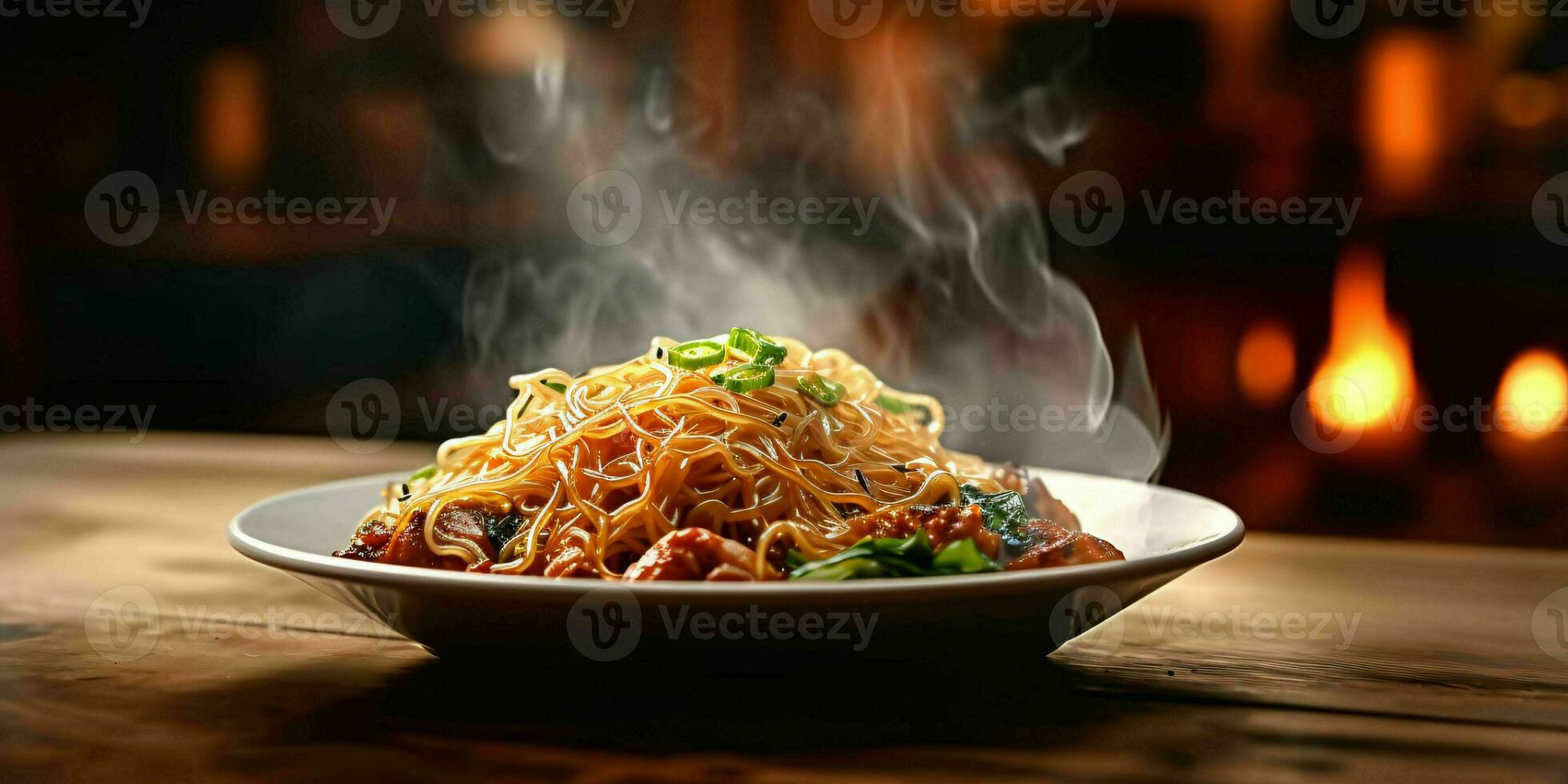 ai generato delizioso fritte spaghetto con fumoso effetto su un' di legno tavolo. generativo ai foto