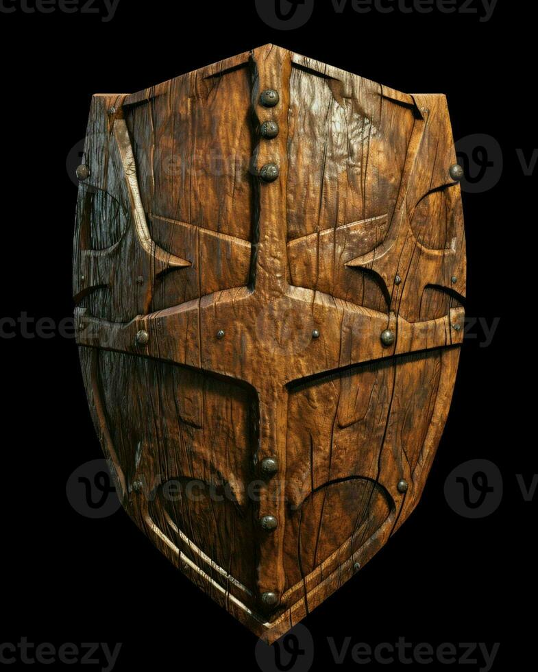 ai generato medievale di legno scudo con guerra strappato marchio. generativo ai foto