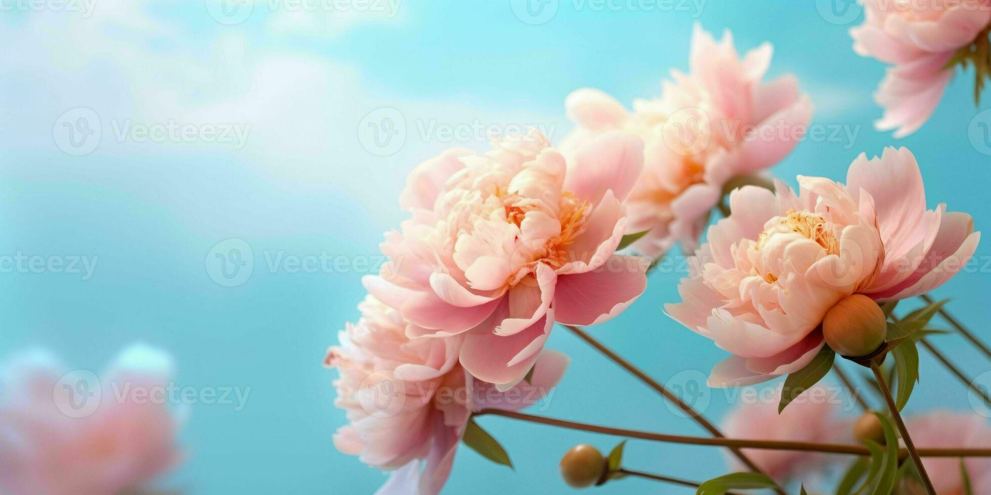 ai generato vicino su di rosa peonie fiori con blu cielo Visualizza. generativo ai foto