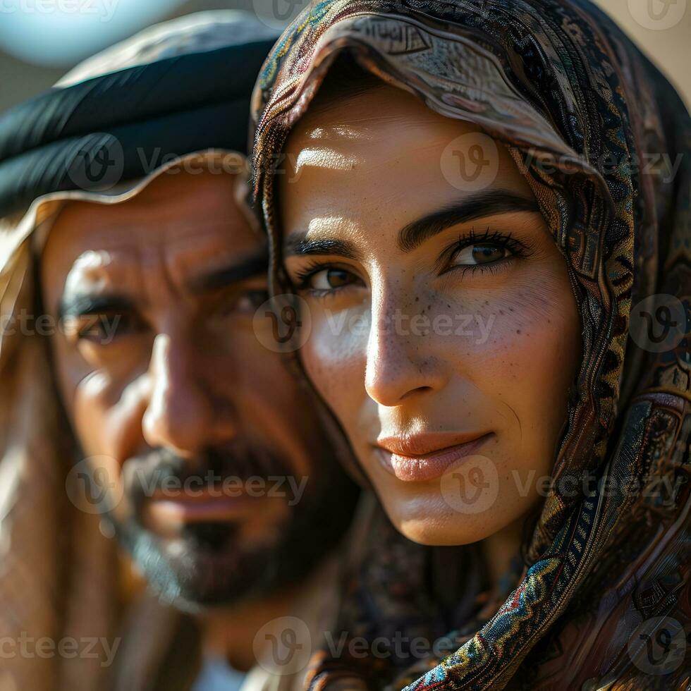 ai generato ritratto di un' mezzo orientale musulmano coppia nel tradizionale vestire. generativo ai foto