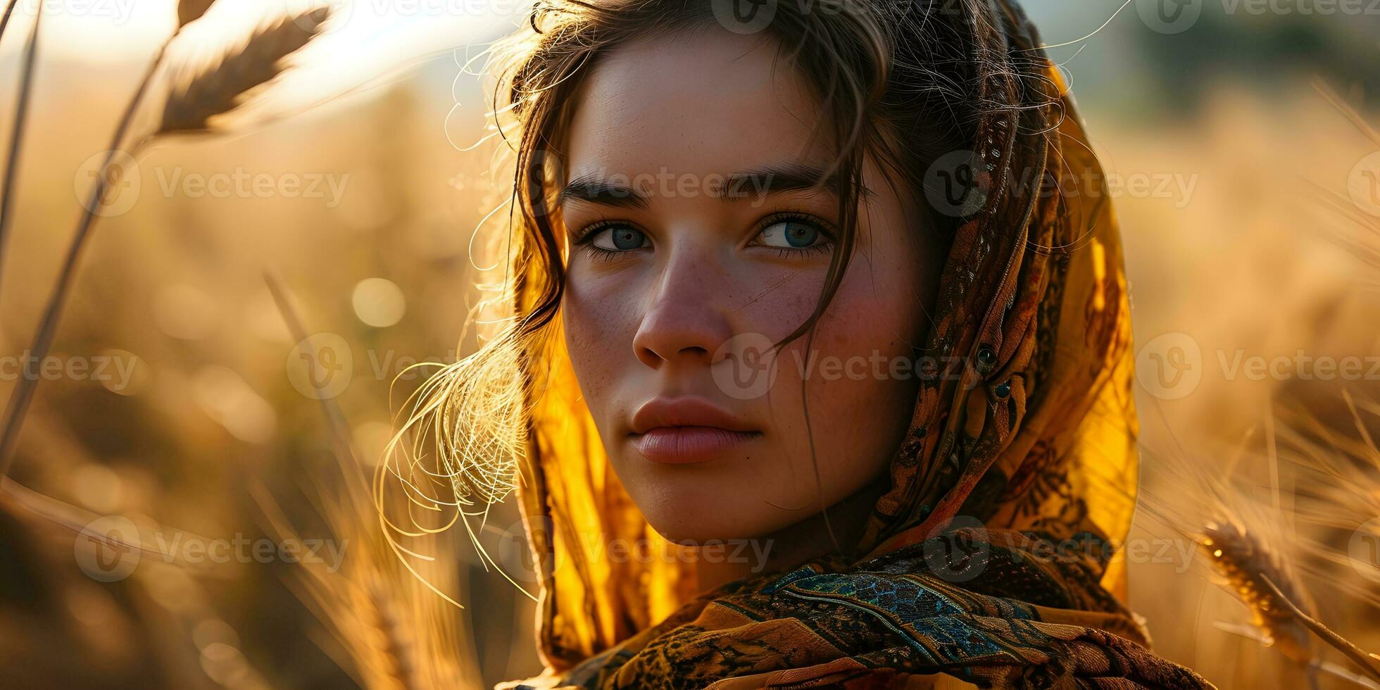 ai generato bellissimo mezzo orientale donna con lentigginoso viso, indossare foulard nel Grano campo con raggiante luce del sole effetto. generativo ai foto