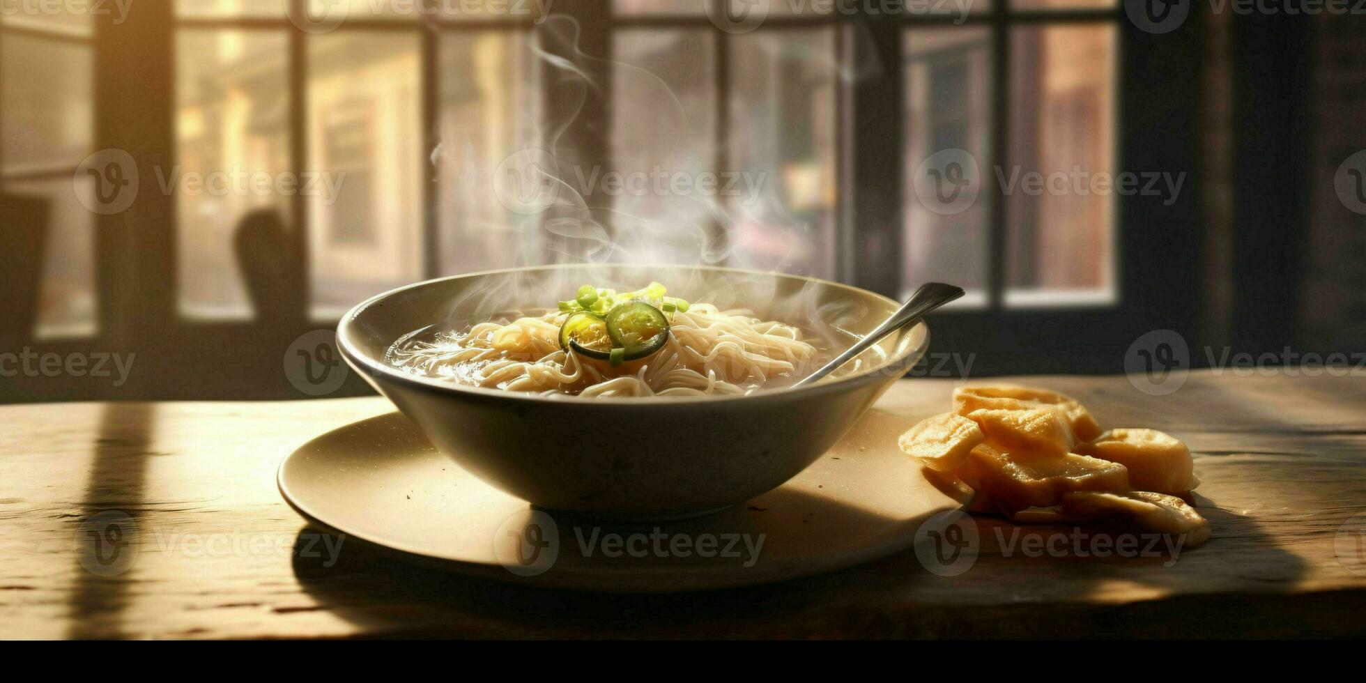 ai generato un' ciotola di caldo spaghetto la minestra su di legno tavolo. generativo ai foto