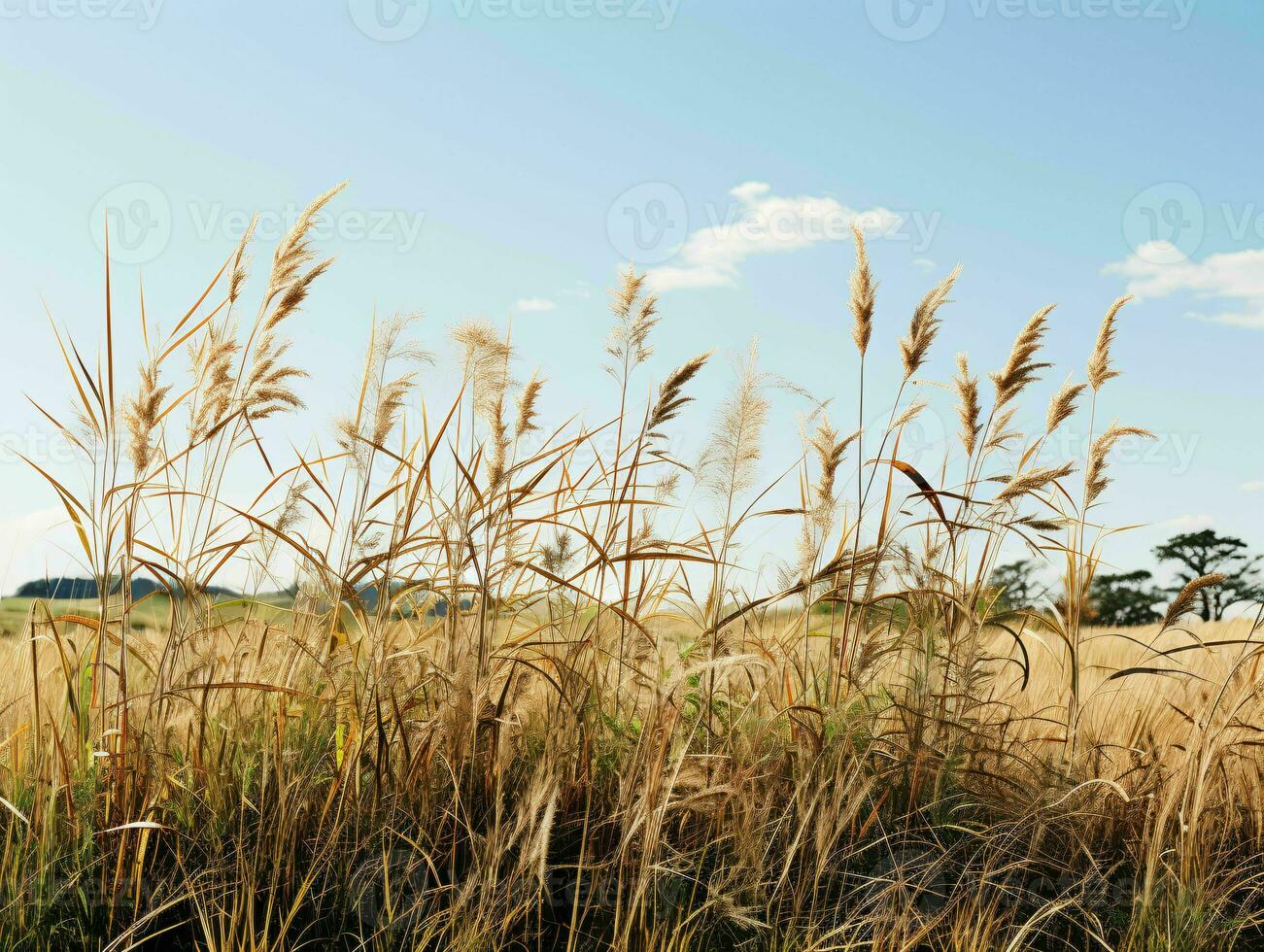 ai generato praterie erbe con blu cielo Visualizza. erba su selvaggio campo. generativo ai foto