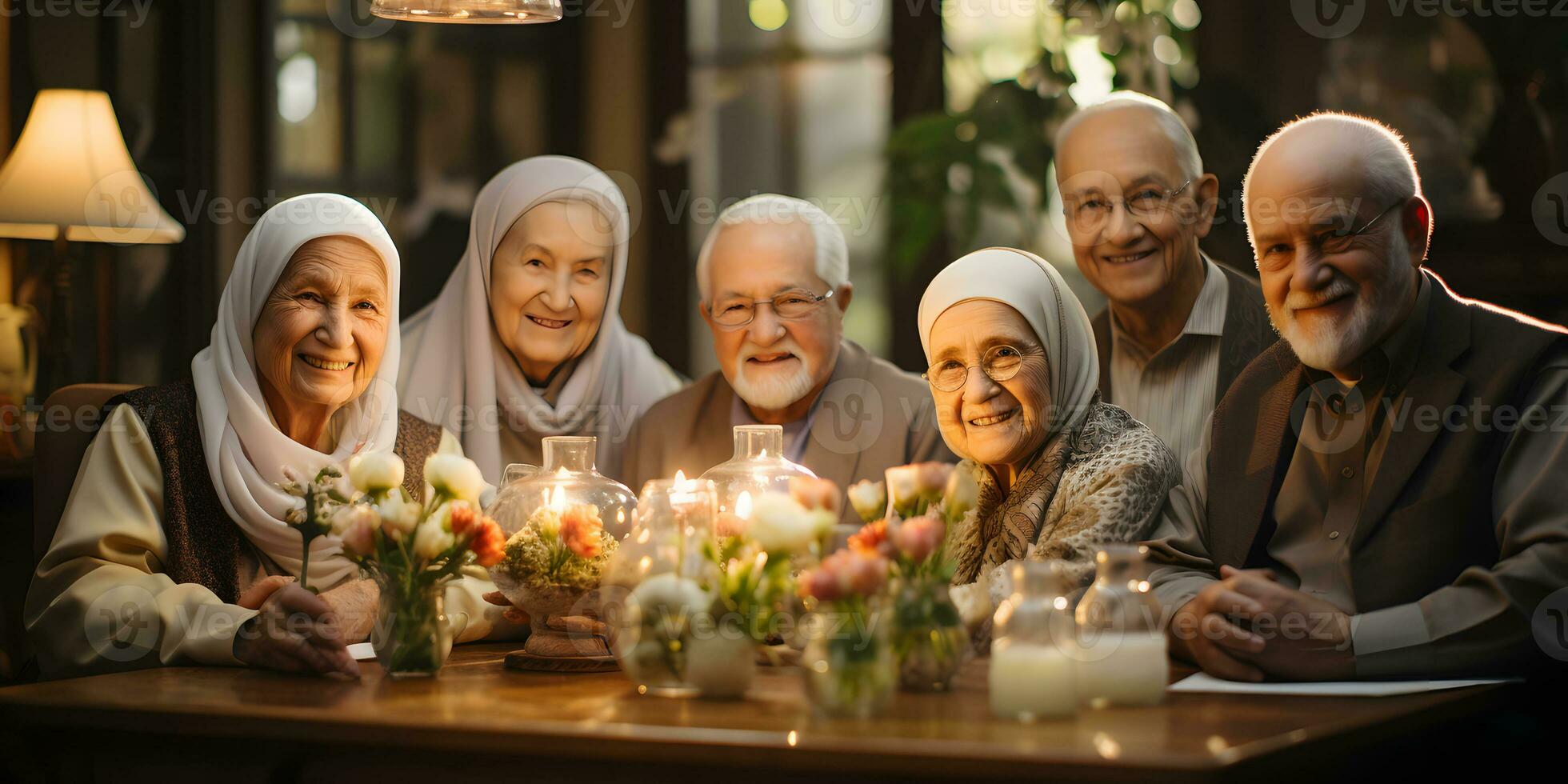 ai generato un' gruppo di anziano musulmano famiglia e amici raccolta durante Ramadan con delizioso piatti su il tavolo. iftar cena. generativo ai foto