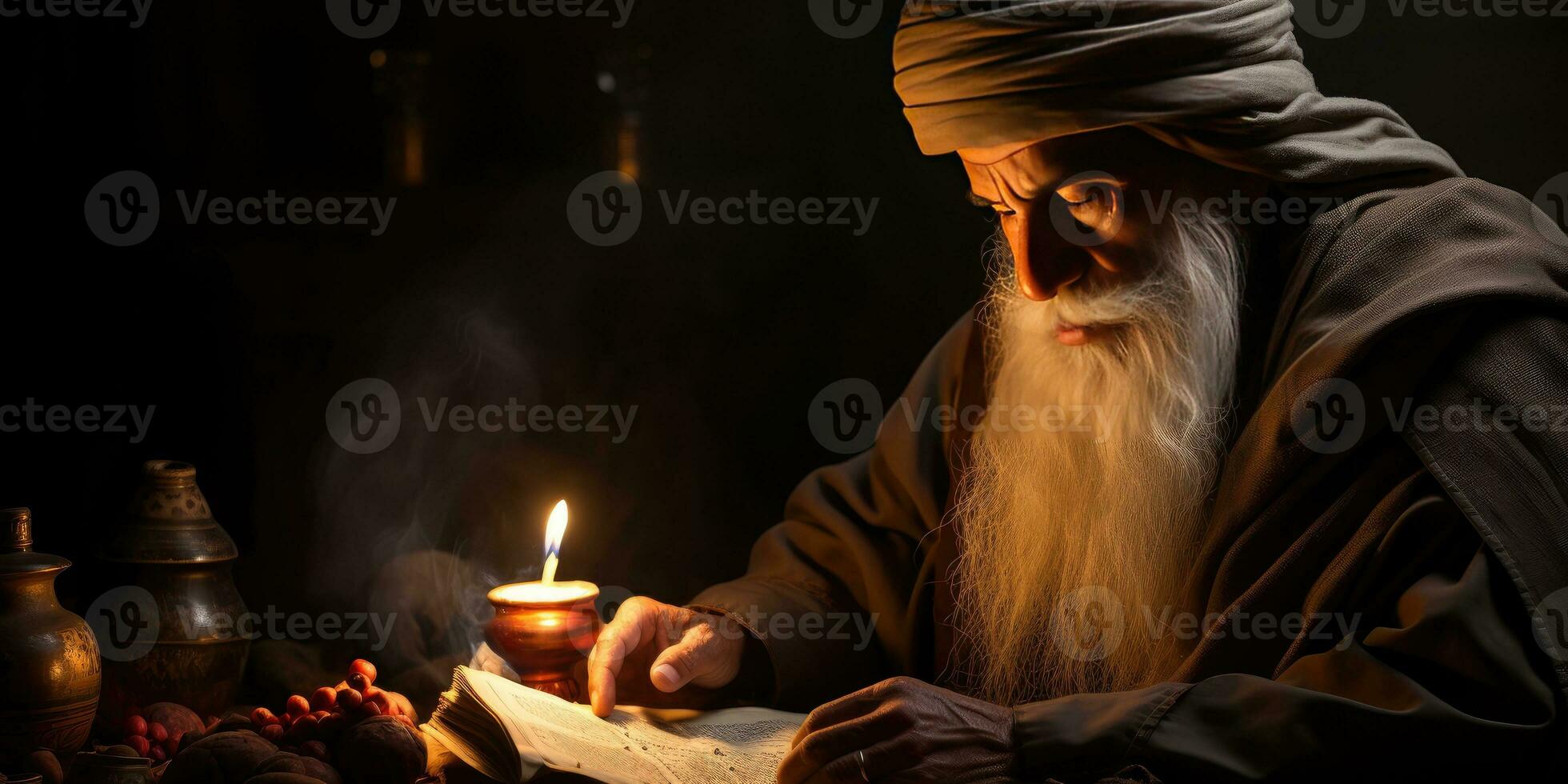 ai generato un anziano musulmano uomo legge il al Corano di lume di candela. generativo ai foto