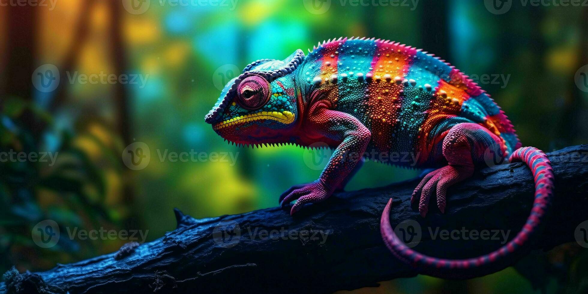 ai generato colorato camaleonte arroccato su un' albero ramo con vivace neon leggero effetto. digitale arte. generativo ai foto