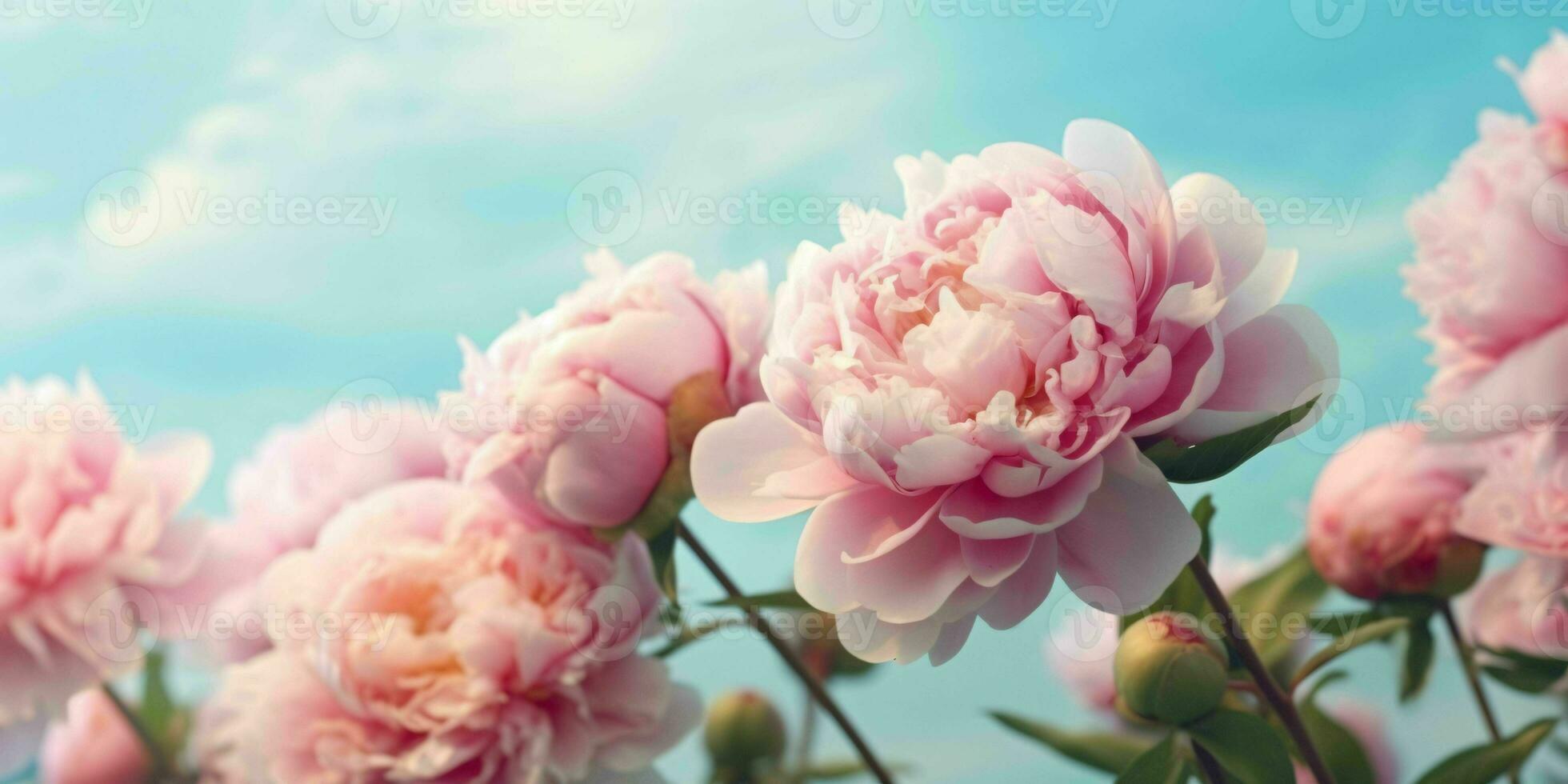 ai generato vicino su di rosa peonie fiori con blu cielo Visualizza. generativo ai foto