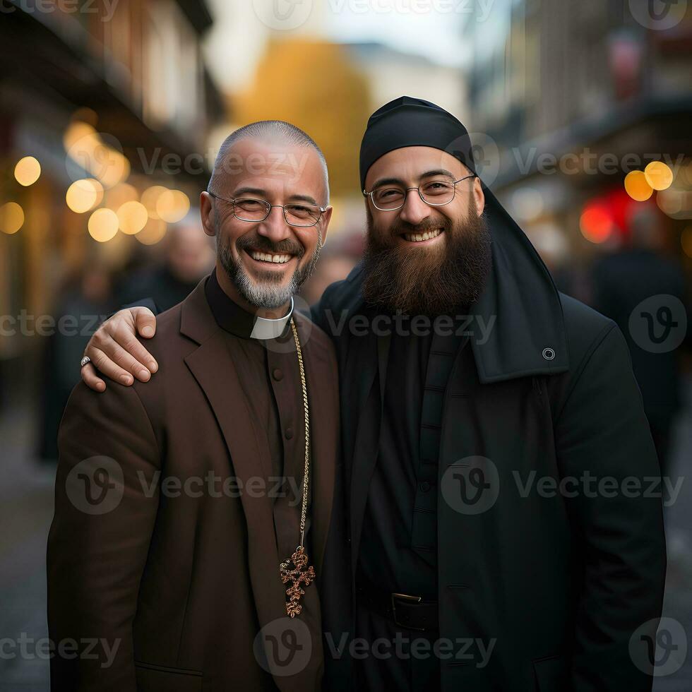 ai generato ritratto di musulmano imam e cristiano sacerdote Abbracciare una persona ogni Altro. generativo ai foto