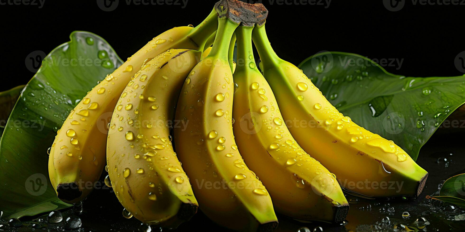 ai generato fresco banane con acqua goccioline. mazzo di Banana isolato su nero sfondo. generativo ai foto