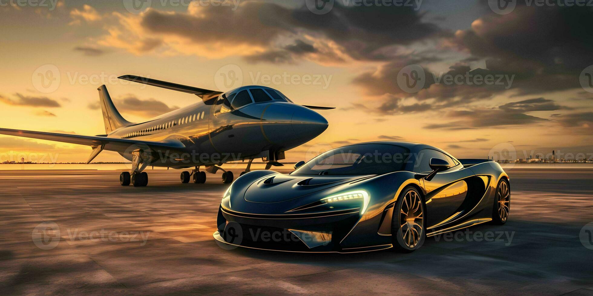 ai generato lusso auto e privato Jet a il aeroporto. attività commerciale classe servizio a il aeroporto. generativo ai foto