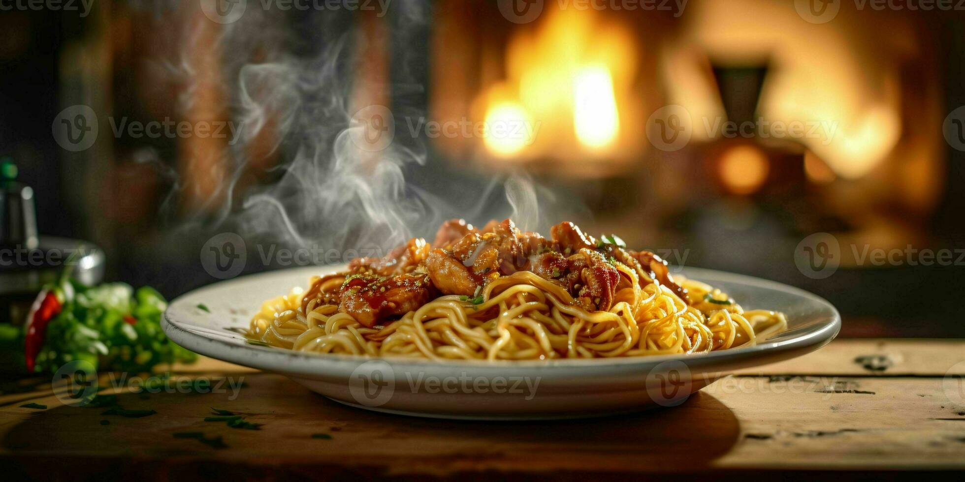 ai generato delizioso fritte spaghetto con fumoso effetto su un' di legno tavolo. generativo ai foto