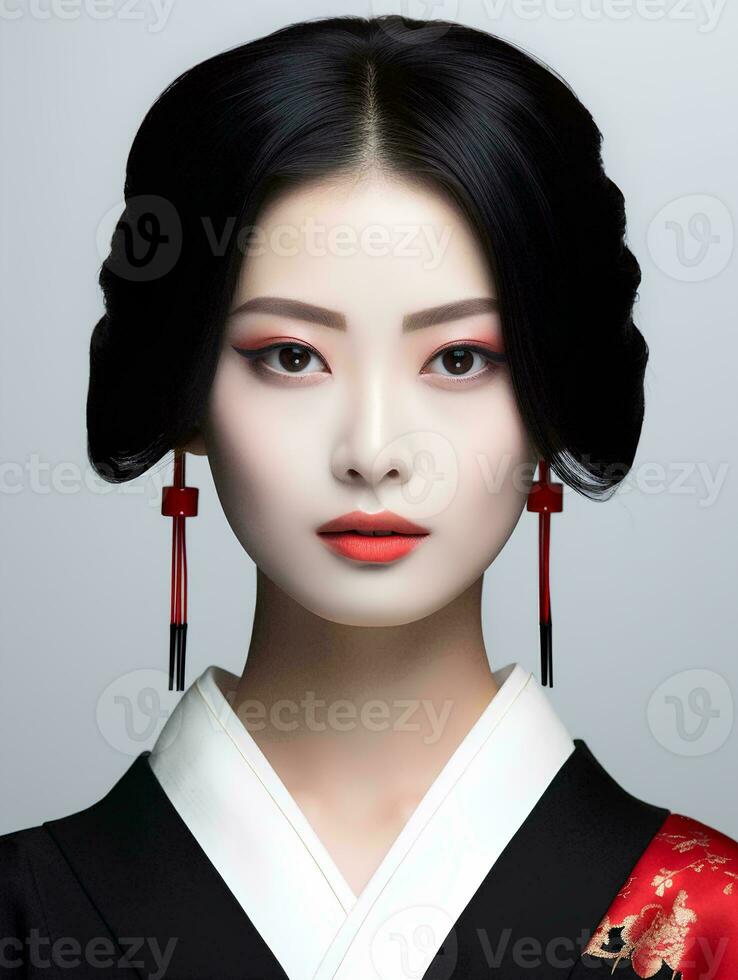 ai generato ritratto di bellissimo giapponese donna su isolato bianca sfondo foto
