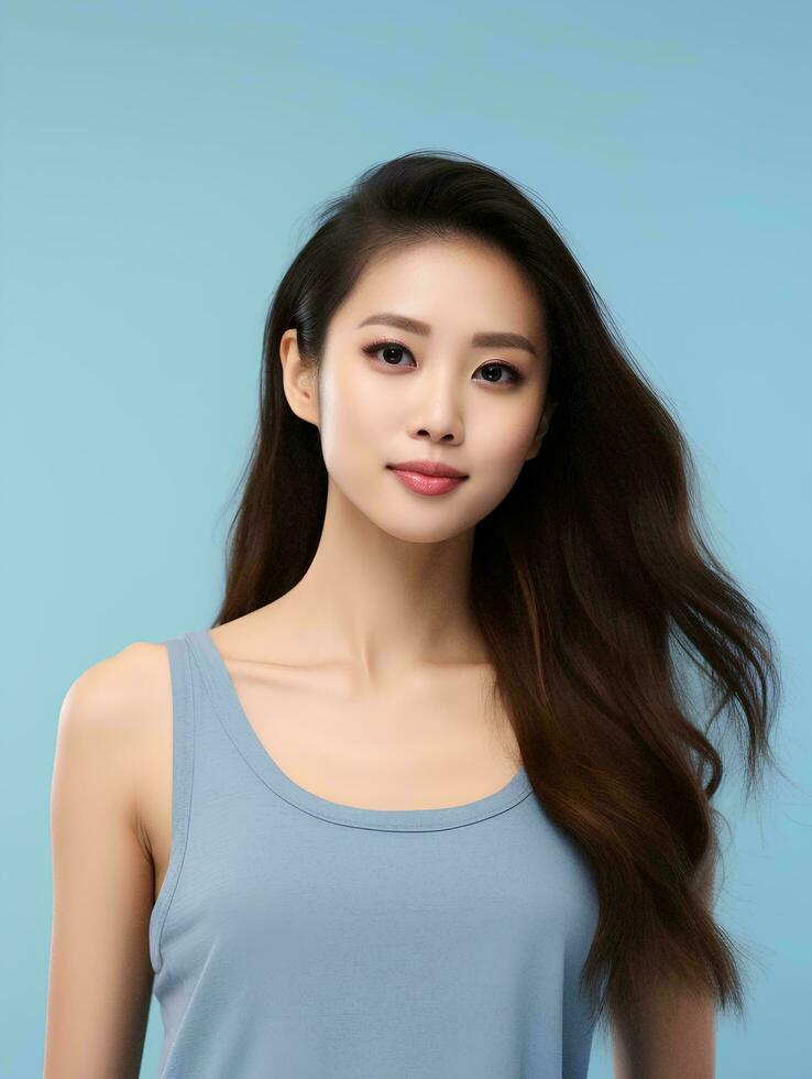 ai generato ritratto di bellissimo asiatico donna su isolato leggero blu sfondo, indossare serbatoio superiore, bellezza modello foto