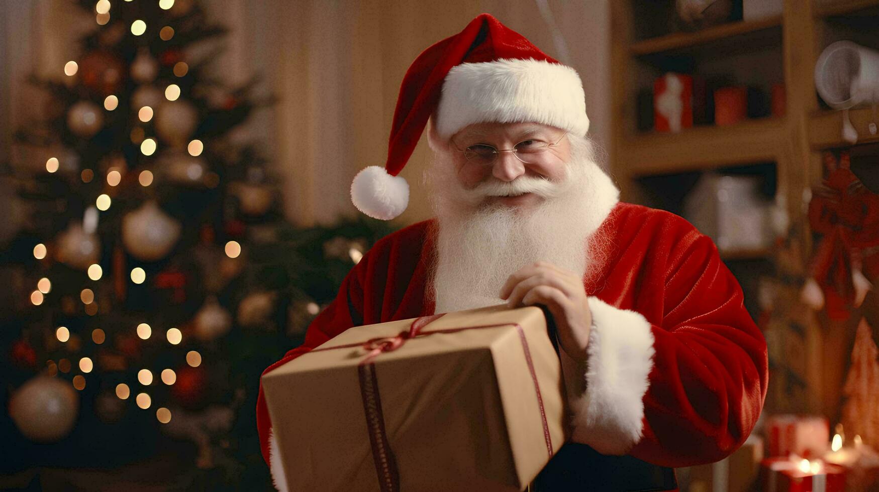 ai generato Santa Claus nel il consegna camera con un' cartone scatola nel il suo mani foto