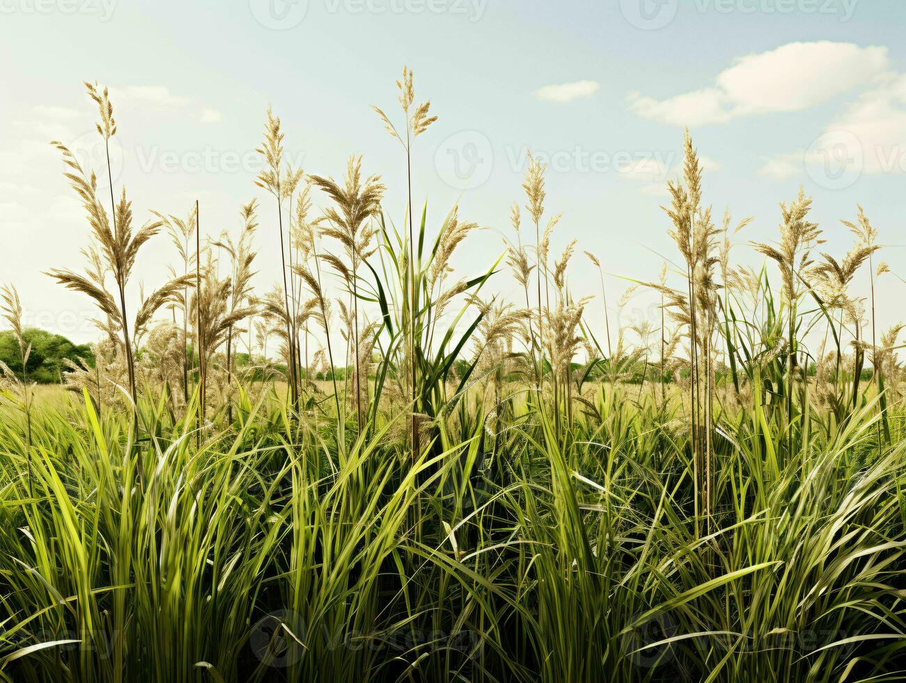 ai generato praterie erbe con blu cielo Visualizza. erba su selvaggio campo. generativo ai foto