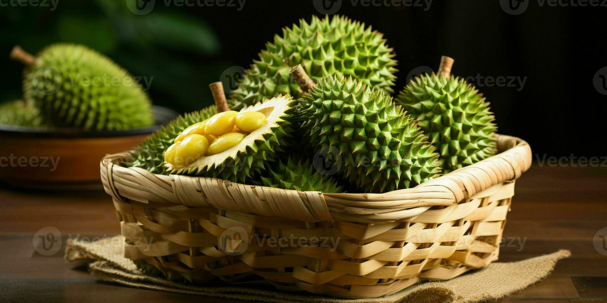 ai generato avvicinamento di fresco durian frutta. durian nel un' cestino. generativo ai foto