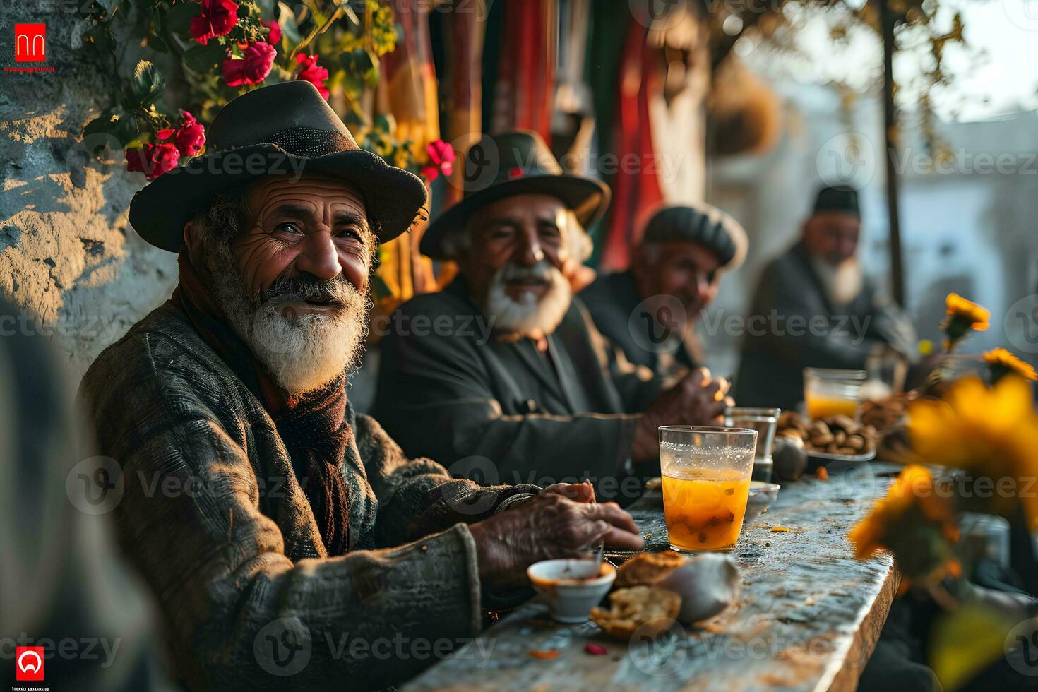 ai generato contento e allegro mezzo orientale vecchio uomo seduta e godendo un' pasto insieme all'aperto. generativo ai foto