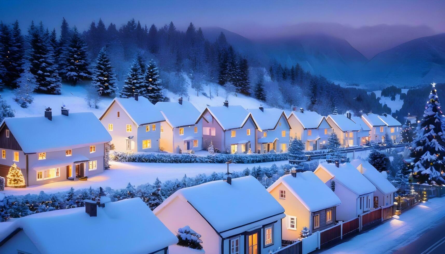 ai generato un' nevoso villaggio con un' lotto di case foto