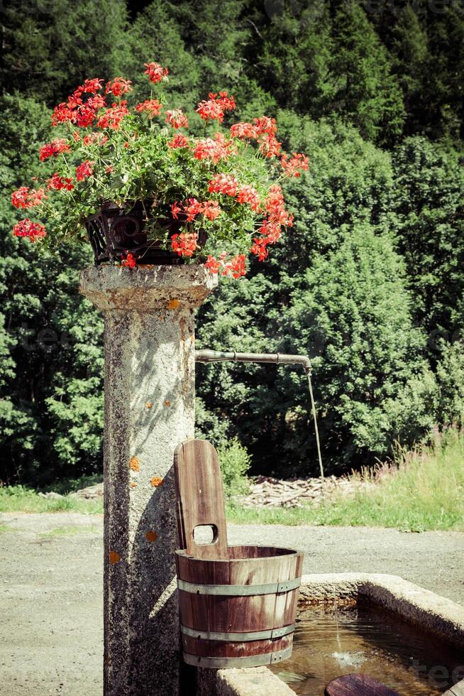 vecchio bene e di legno secchio foto