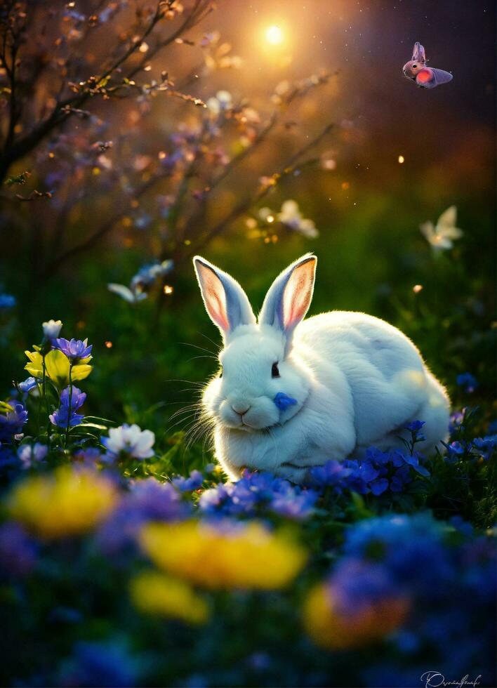 ai generato conigli nel il illustrazione erano godendo un' bellissimo giorno su il erba generativo ai foto