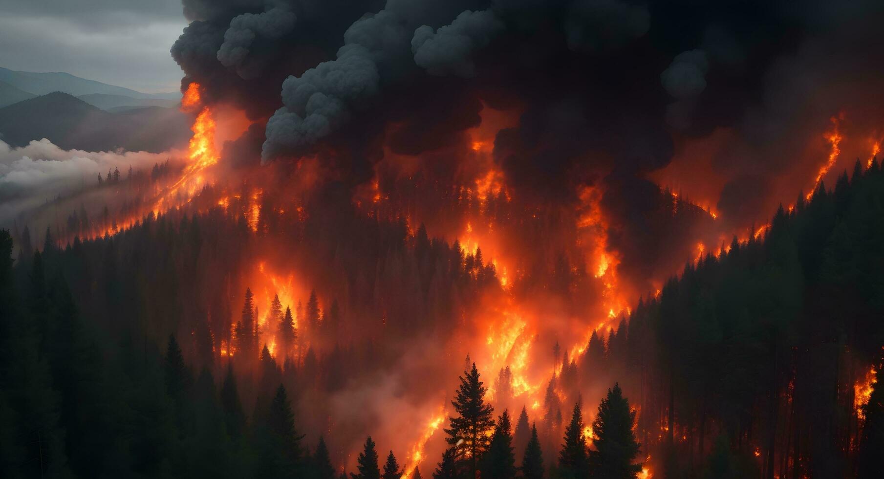 ai generato foresta fuoco disastro illustrazione. danneggiato ambiente causato di globale riscaldamento. wildfire natura distruzione foto