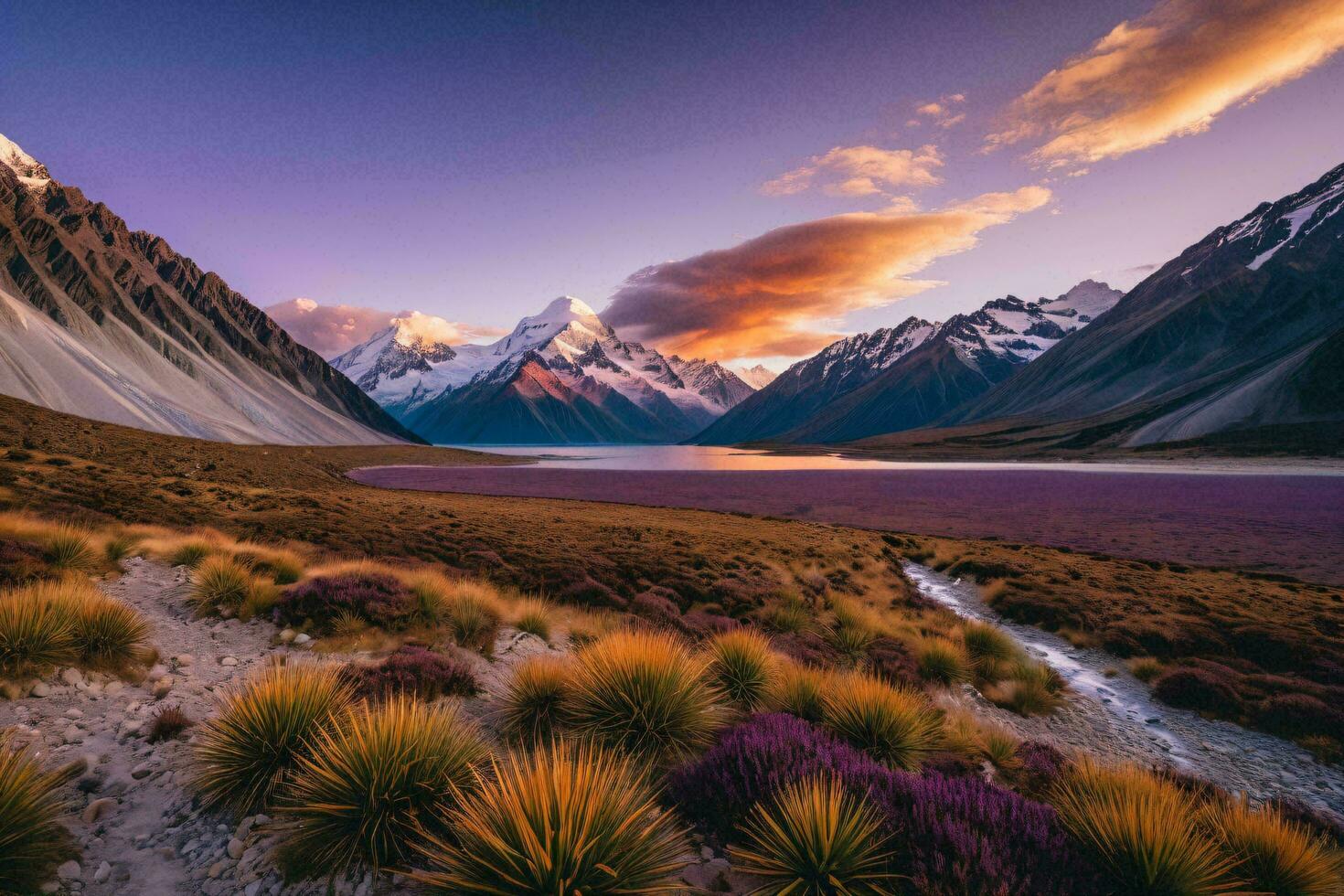 ai generato montagna tramonto con viola erica foto