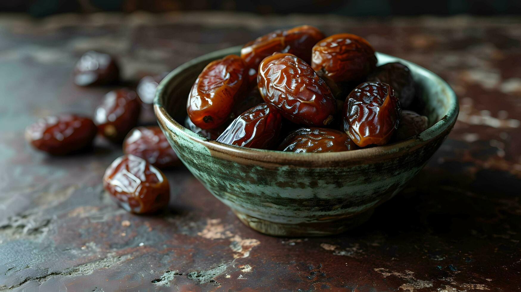 ai generato date frutta nel ciotola su rustico sfondo. selettivo messa a fuoco foto